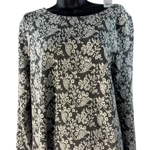 Loft Gray & White Floral Long-Sleeve Dress Size M With Back Zipper - Picture 2 of 11